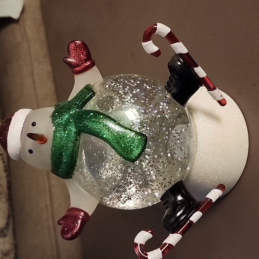 Festive Snowman Snowgloble with Green Scarf and Red Mittens